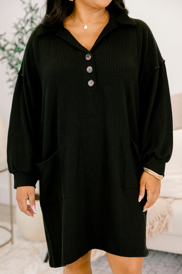 Chic Soul plus size clothing, blacked ribbed long sleeve short shirt dress with 3 buttons down the neckline and 2 front square pockets