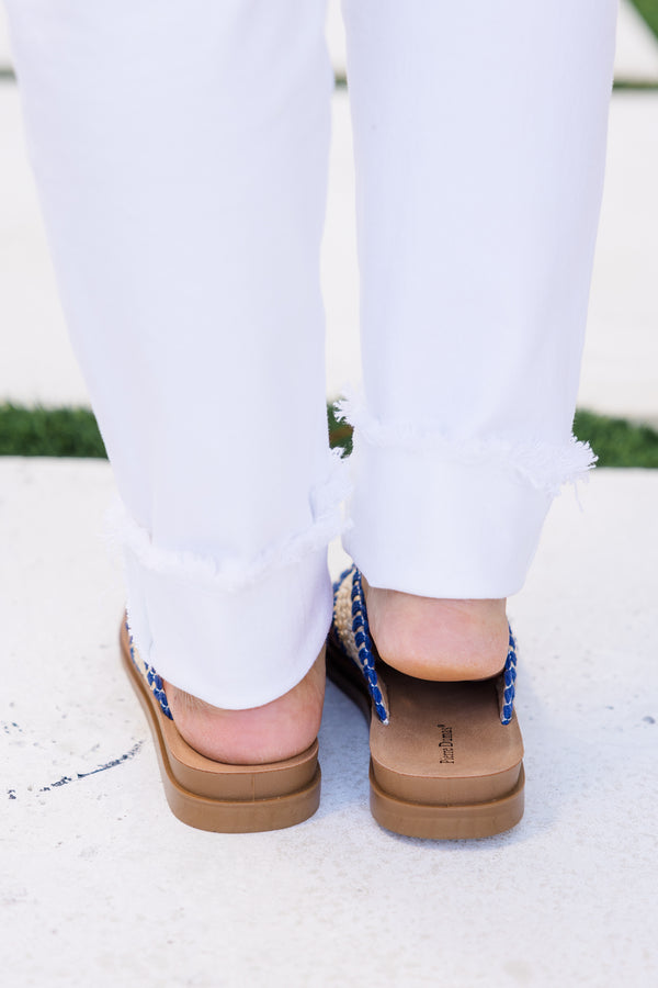 Chic Soul plus size clothing, navy woven neutral slide sandals with cross detail with blue stitch outlining