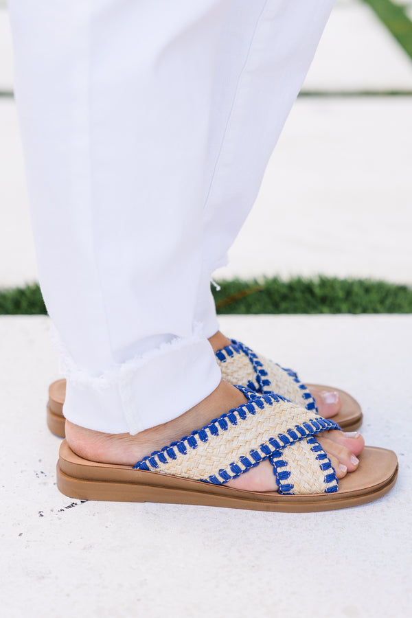 Chic Soul plus size clothing, navy woven neutral slide sandals with cross detail with blue stitch outlining
