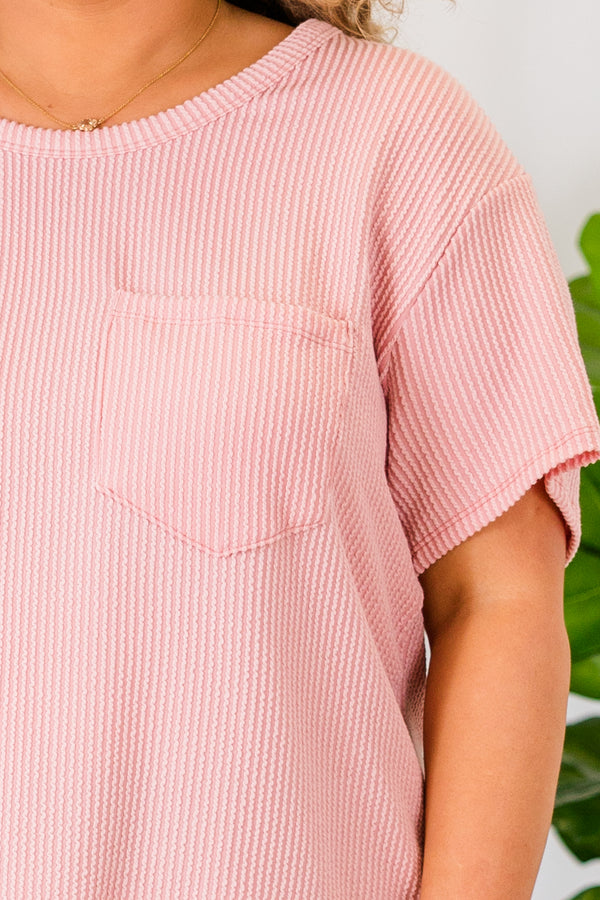 Chic Soul plus size clothing, blush ribbed short sleeve top with round neckline with chest pocket
