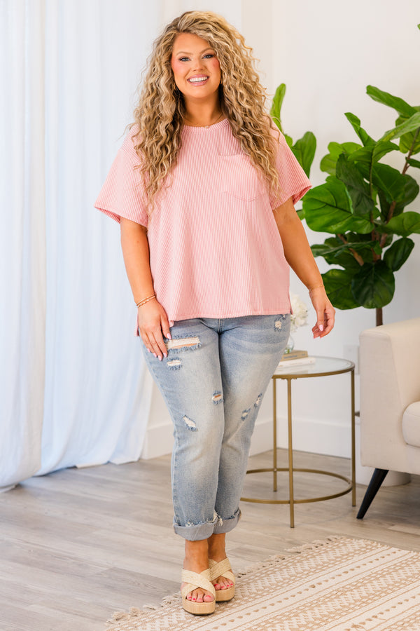 Chic Soul plus size clothing, blush ribbed short sleeve top with round neckline with chest pocket