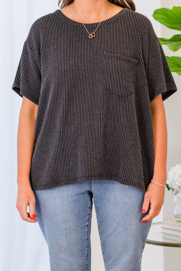 Chic Soul plus size clothing, short sleeve charcoal top with pocket and ribbed material