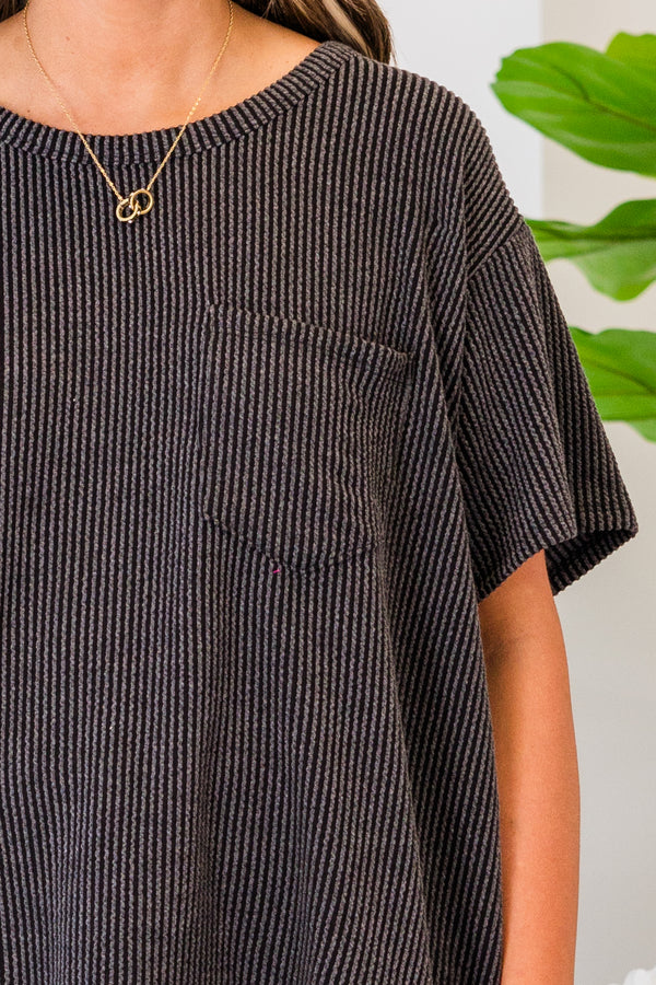 Chic Soul plus size clothing, short sleeve charcoal top with pocket and ribbed material