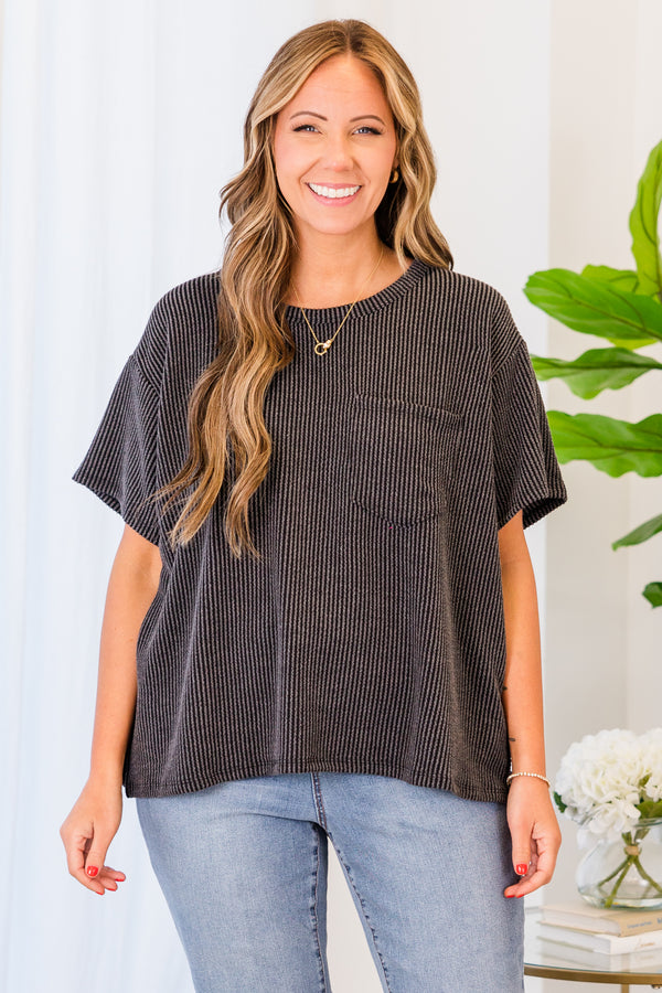 Chic Soul plus size clothing, short sleeve charcoal top with pocket and ribbed material