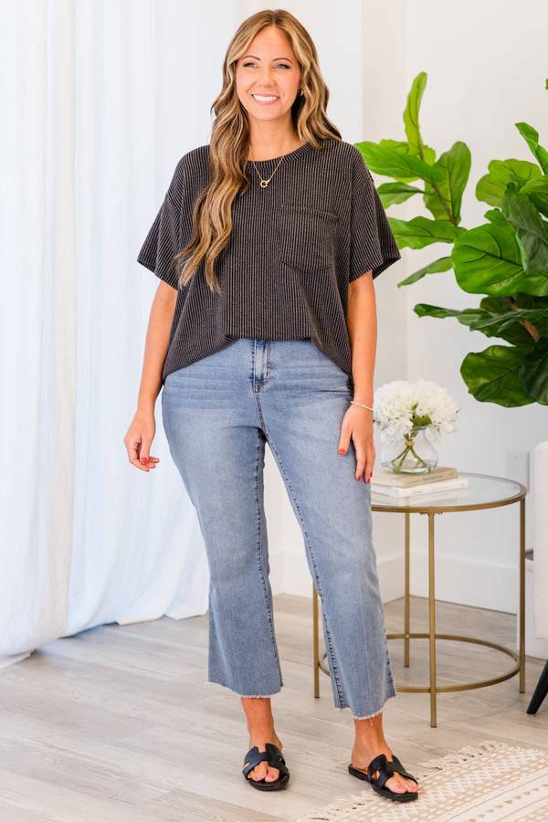 Chic Soul plus size clothing, short sleeve charcoal top with pocket and ribbed material