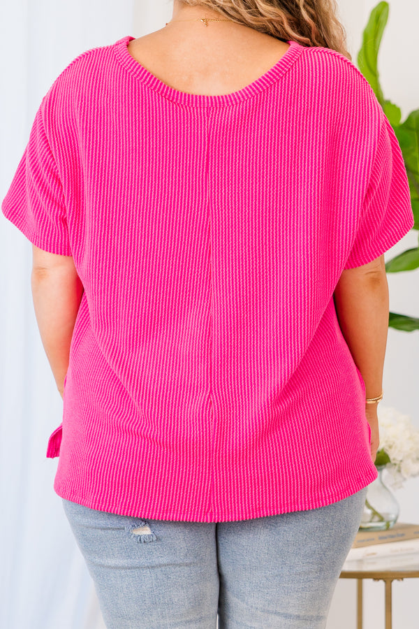 Chic Soul plus size clothing, short sleeve hot pink top with ribbed details and pocket