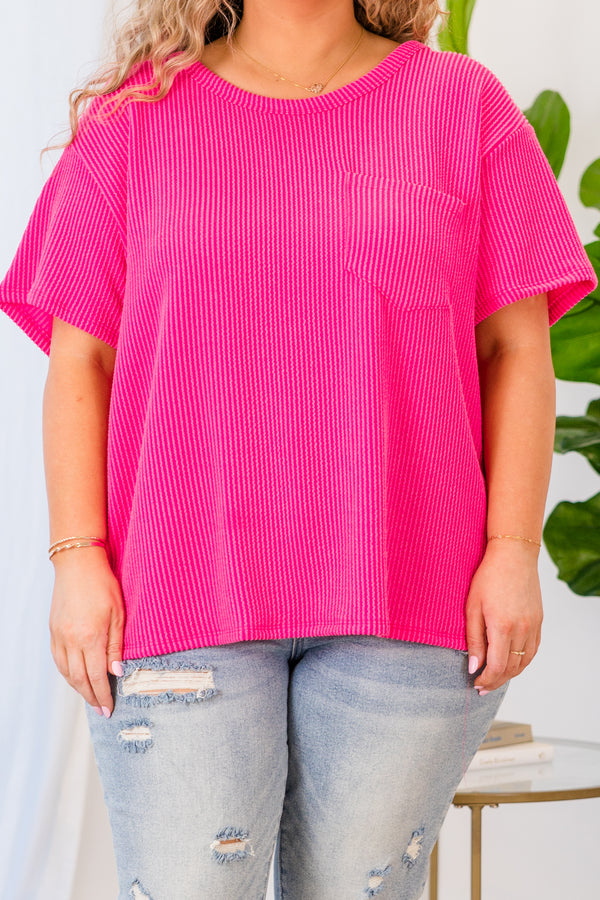 Chic Soul plus size clothing, short sleeve hot pink top with ribbed details and pocket