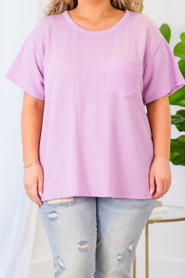 Chic Soul plus size clothing, short sleeve lilac top with pocket and ribbed detailing