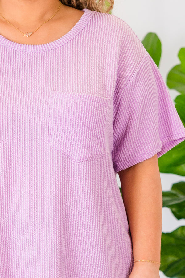 Chic Soul plus size clothing, short sleeve lilac top with pocket and ribbed detailing