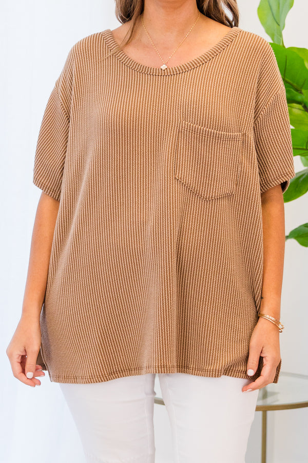 Chic Soul plus size clothing, short sleeve mocha top with patch pocket and scoop-neckline with ribbed material detailing