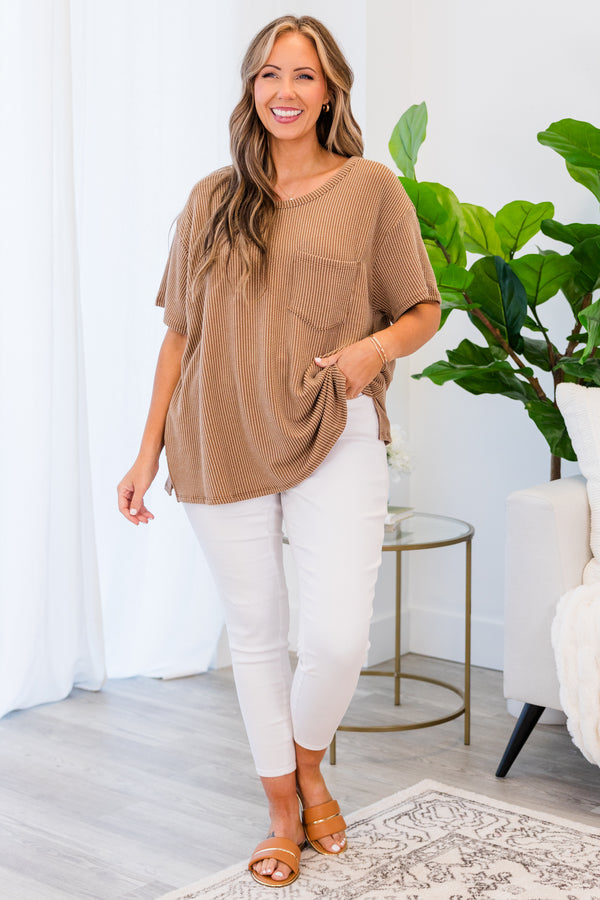 Chic Soul plus size clothing, short sleeve mocha top with patch pocket and scoop-neckline with ribbed material detailing