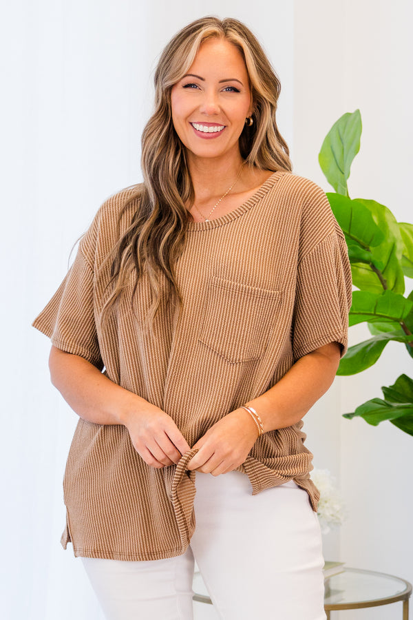 Chic Soul plus size clothing, short sleeve mocha top with patch pocket and scoop-neckline with ribbed material detailing