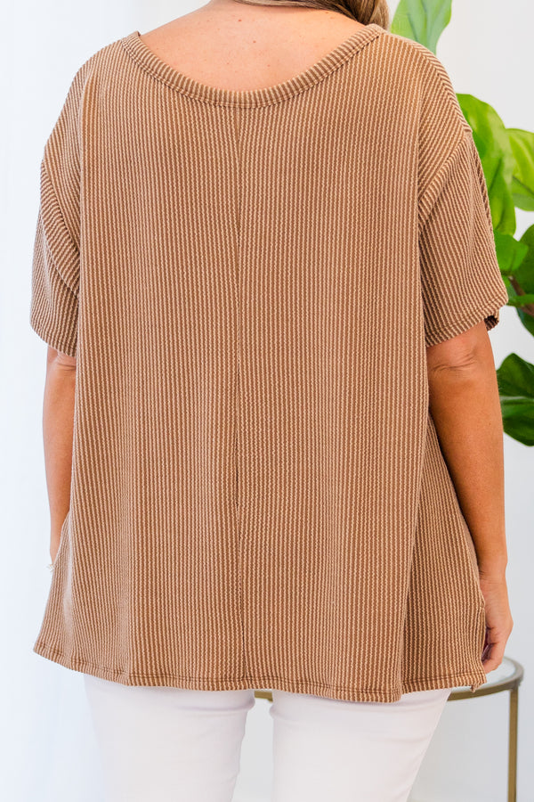 Chic Soul plus size clothing, short sleeve mocha top with patch pocket and scoop-neckline with ribbed material detailing