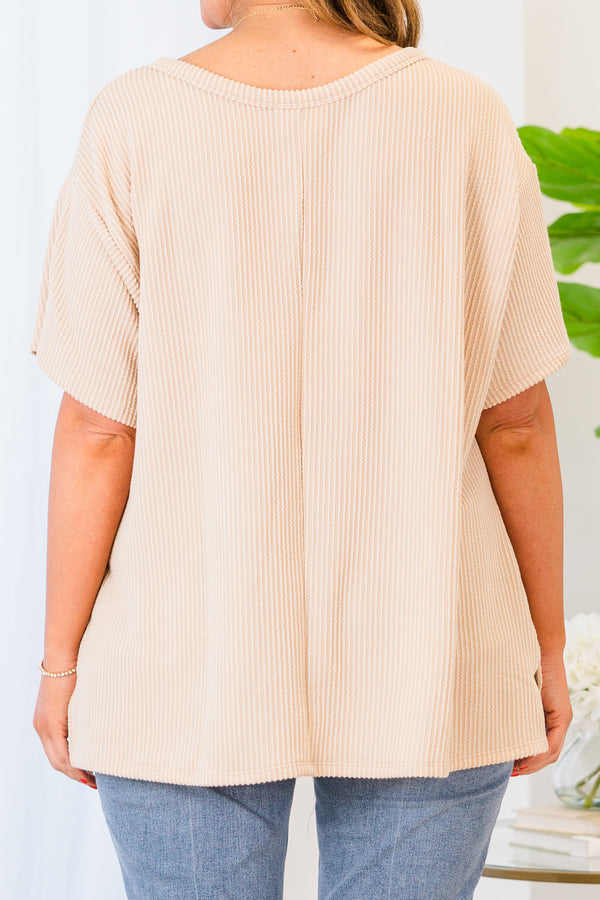 Chic Soul plus size clothing, short sleeve ribbed taupe top with pocket