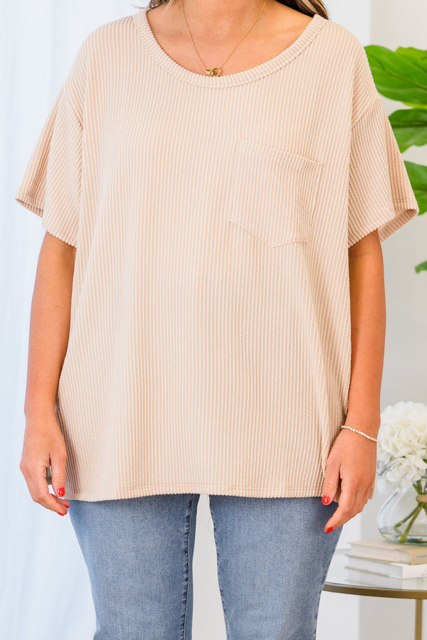 Chic Soul plus size clothing, short sleeve ribbed taupe top with pocket