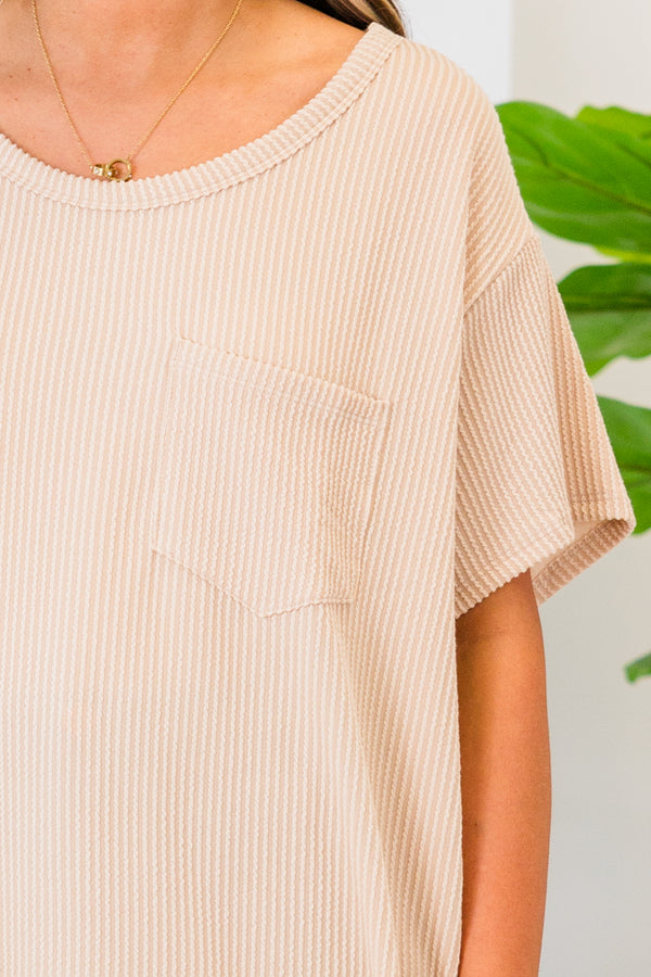Chic Soul plus size clothing, short sleeve ribbed taupe top with pocket