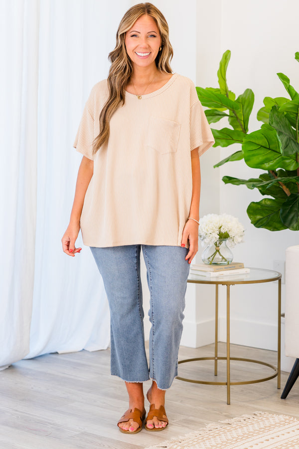 Chic Soul plus size clothing, short sleeve ribbed taupe top with pocket