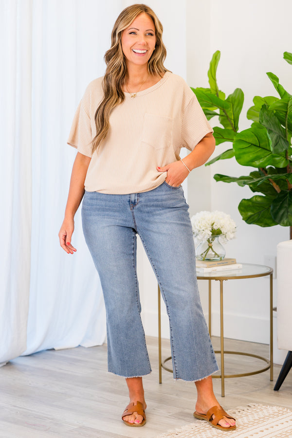 Chic Soul plus size clothing, short sleeve ribbed taupe top with pocket