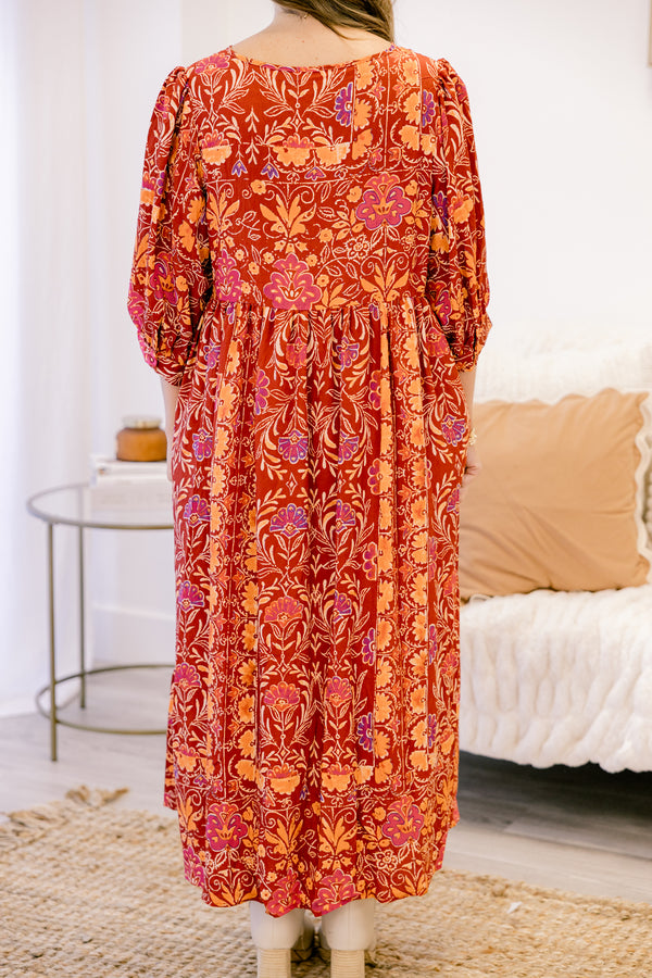 Chic Soul plus size clothing, red and orange multi colored floral print flowy maxi dress with 3/4 sleeves and tassels that tie at the neckline