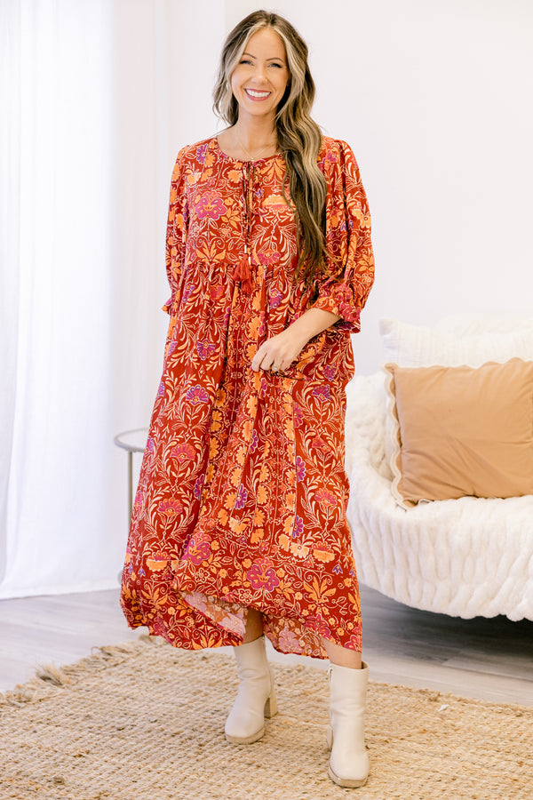 Chic Soul plus size clothing, red and orange multi colored floral print flowy maxi dress with 3/4 sleeves and tassels that tie at the neckline