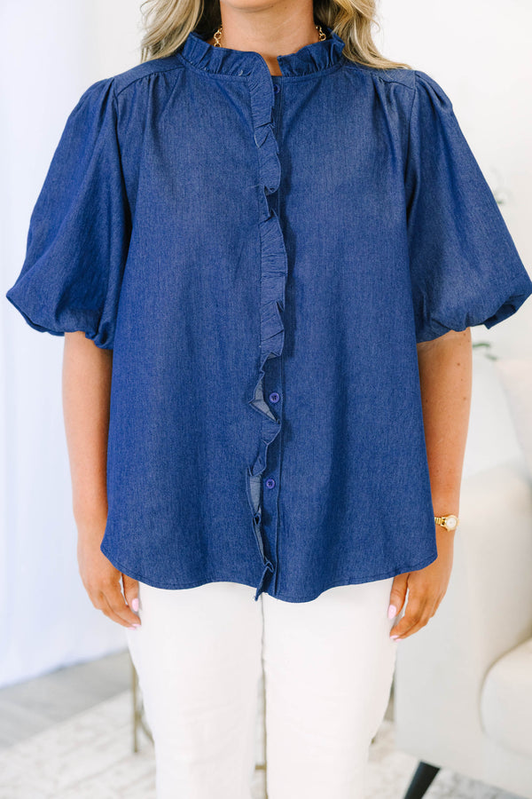 Plus size dark denim top with ruffled collar, button-down front, and elastic bubble sleeves.