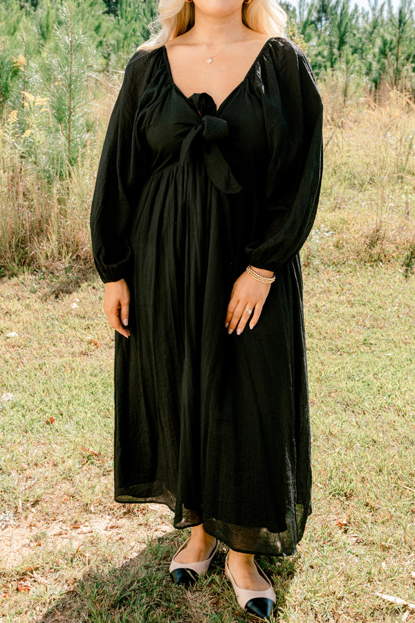 Chic Soul plus size clothing, black long balloon sleeve maxi dress with a bow that ties in the front of the chest