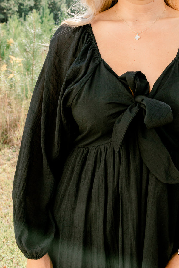 Chic Soul plus size clothing, black long balloon sleeve maxi dress with a bow that ties in the front of the chest