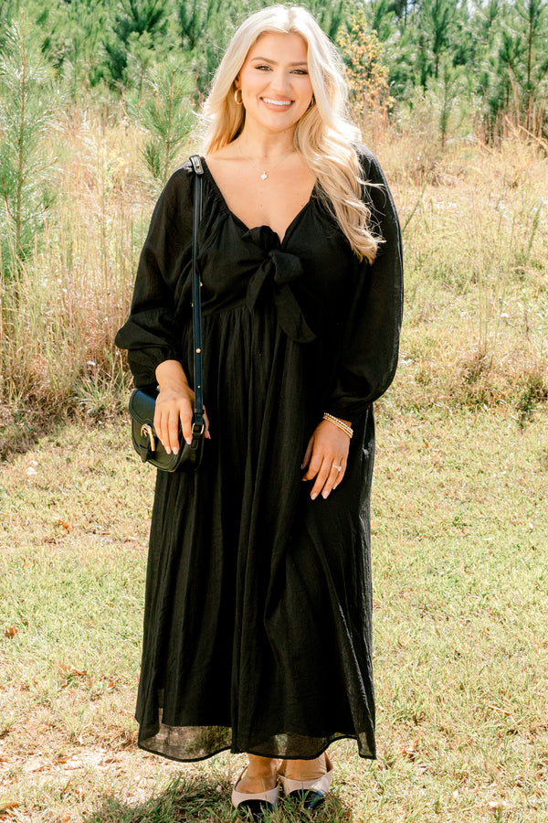 Chic Soul plus size clothing, black long balloon sleeve maxi dress with a bow that ties in the front of the chest