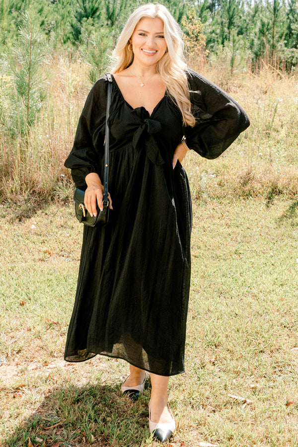 Chic Soul plus size clothing, black long balloon sleeve maxi dress with a bow that ties in the front of the chest