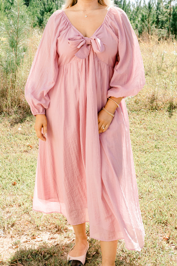 Chic Soul plus size clothing, light pink long balloon sleeve v neck flowy maxi dress with a bow detail at the neckline
