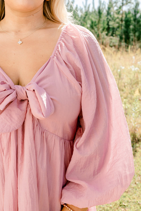 Chic Soul plus size clothing, light pink long balloon sleeve v neck flowy maxi dress with a bow detail at the neckline