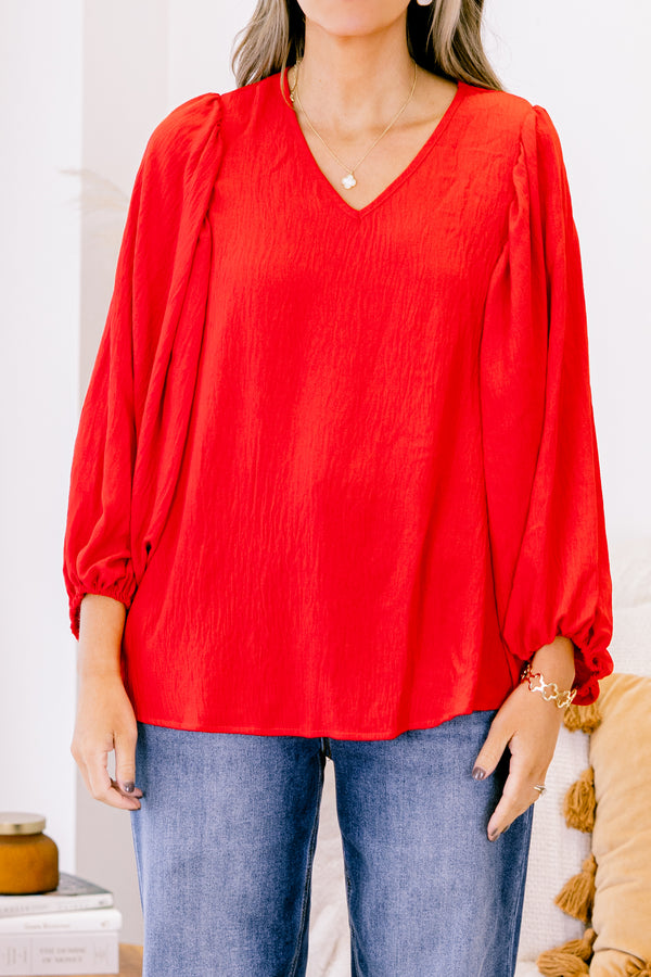 Chic Soul plus size clothing, red long sleeve top with balloon sleeves
