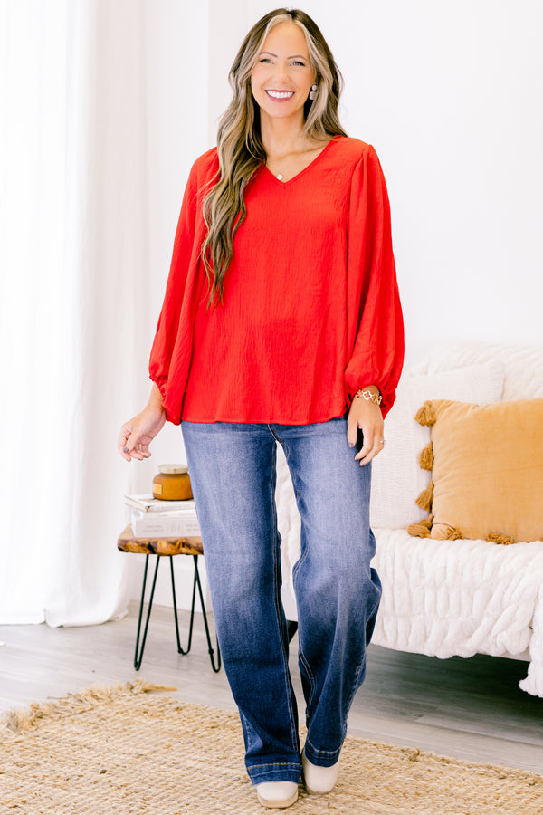 Chic Soul plus size clothing, red long sleeve top with balloon sleeves