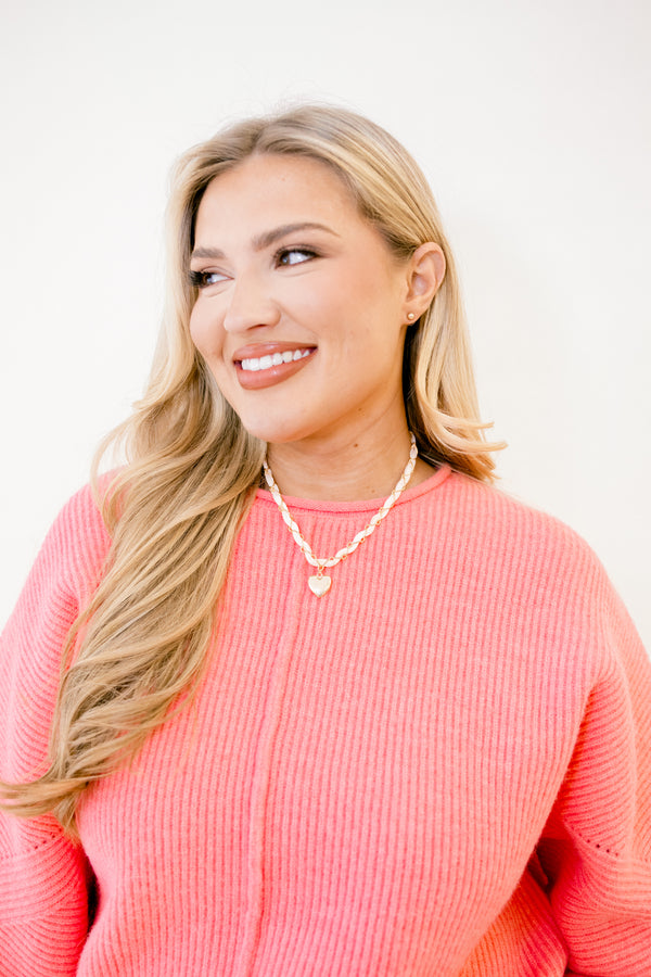  Chic soul plus size clothing, pink necklace with a gold acccent chain wrapped around and a heart pendant 