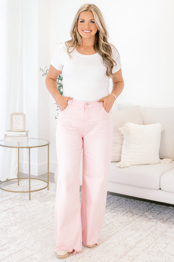 Chic Soul plus size clothing, light pink jeans with front pockets and frayed hemline