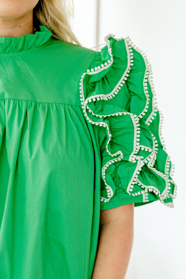 Chic Soul plus size clothing, solid green layered ruffle short sleeve high-ruffle neckline blouse with white dot trim lining sleeve ruffles