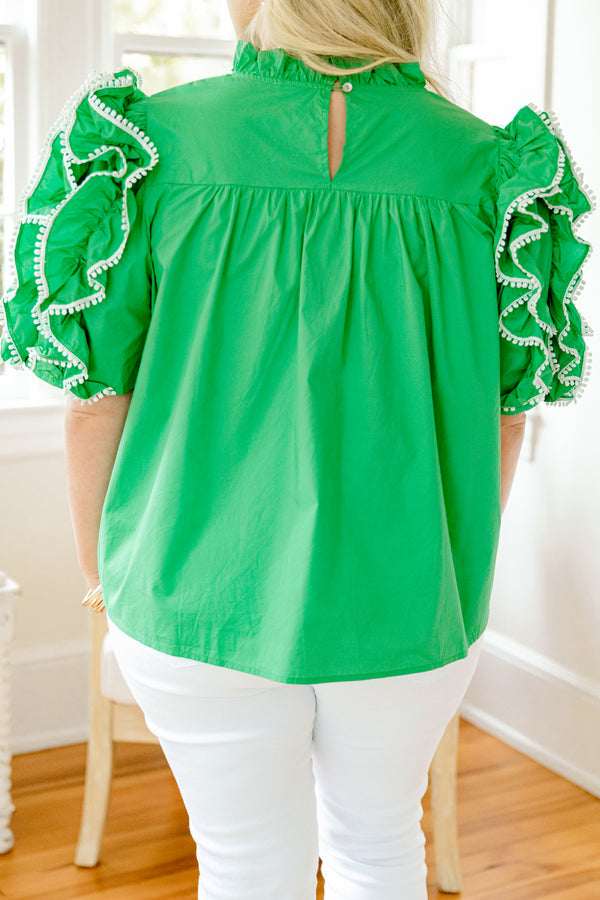Chic Soul plus size clothing, solid green layered ruffle short sleeve high-ruffle neckline blouse with white dot trim lining sleeve ruffles