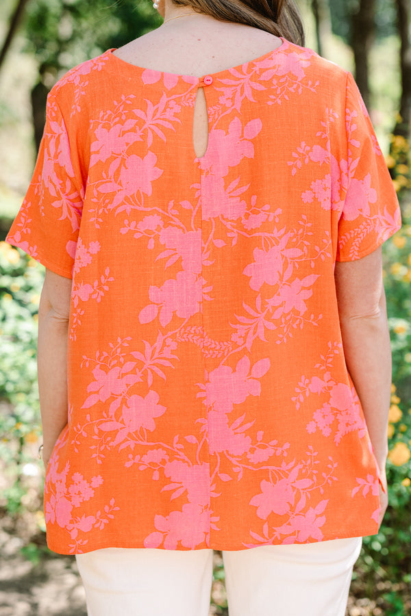 Chic Soul plus size clothing, short-sleeve orange-red top with a high-scoop-neckline with a pink floral pattern