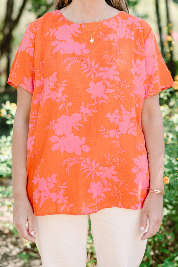 Chic Soul plus size clothing, short-sleeve orange-red top with a high-scoop-neckline with a pink floral pattern