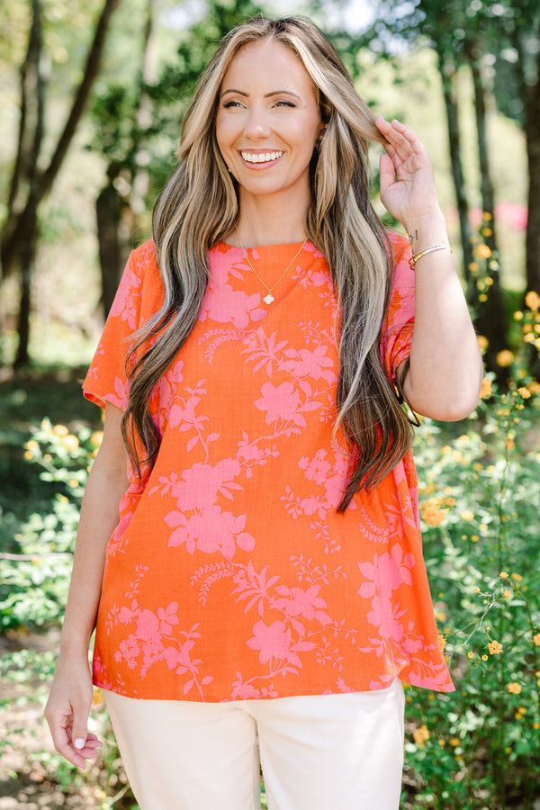 Chic Soul plus size clothing, short-sleeve orange-red top with a high-scoop-neckline with a pink floral pattern