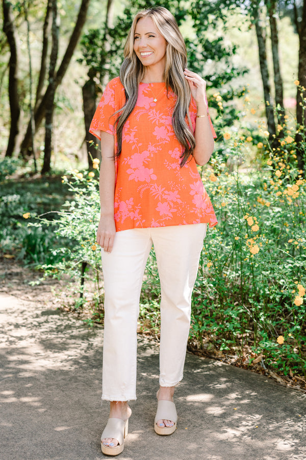 Chic Soul plus size clothing, short-sleeve orange-red top with a high-scoop-neckline with a pink floral pattern