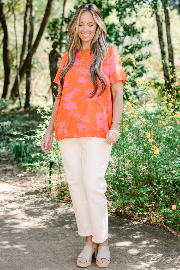 Chic Soul plus size clothing, short-sleeve orange-red top with a high-scoop-neckline with a pink floral pattern