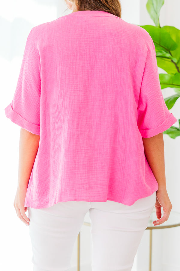 Chic Soul plus size clothing, half-sleeve pink top with v-neckline and cuffed sleeves