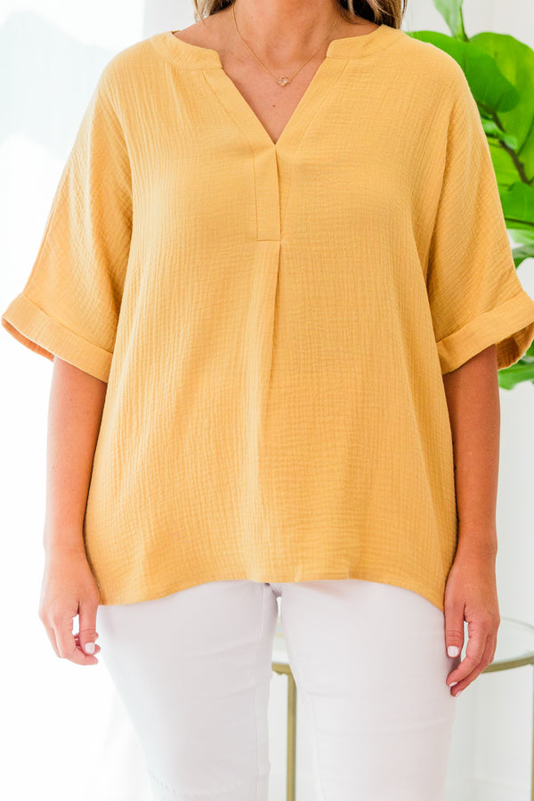 Chic Soul plus size clothing, yellow short sleeve flowy top with cuff sleeves with v neckline