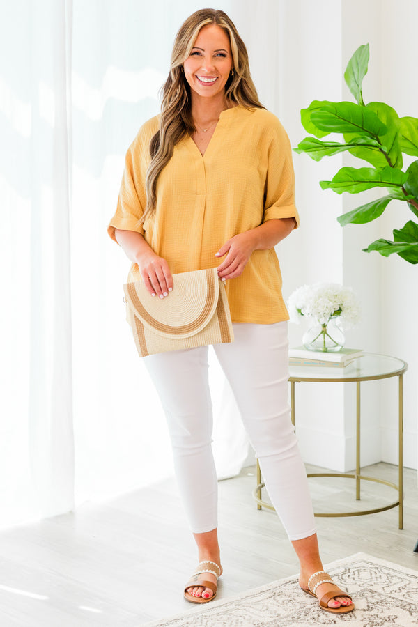 Chic Soul plus size clothing, yellow short sleeve flowy top with cuff sleeves with v neckline