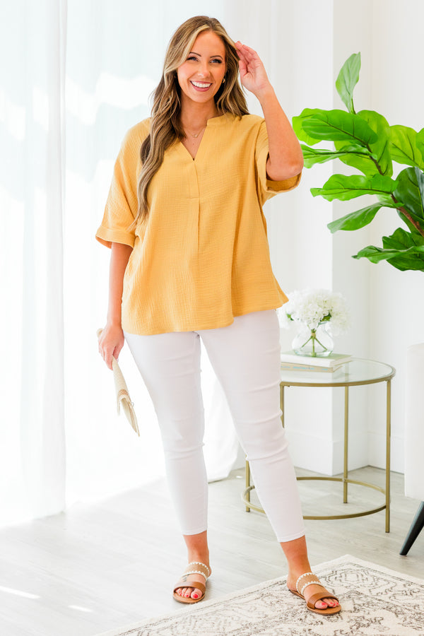 Chic Soul plus size clothing, yellow short sleeve flowy top with cuff sleeves with v neckline