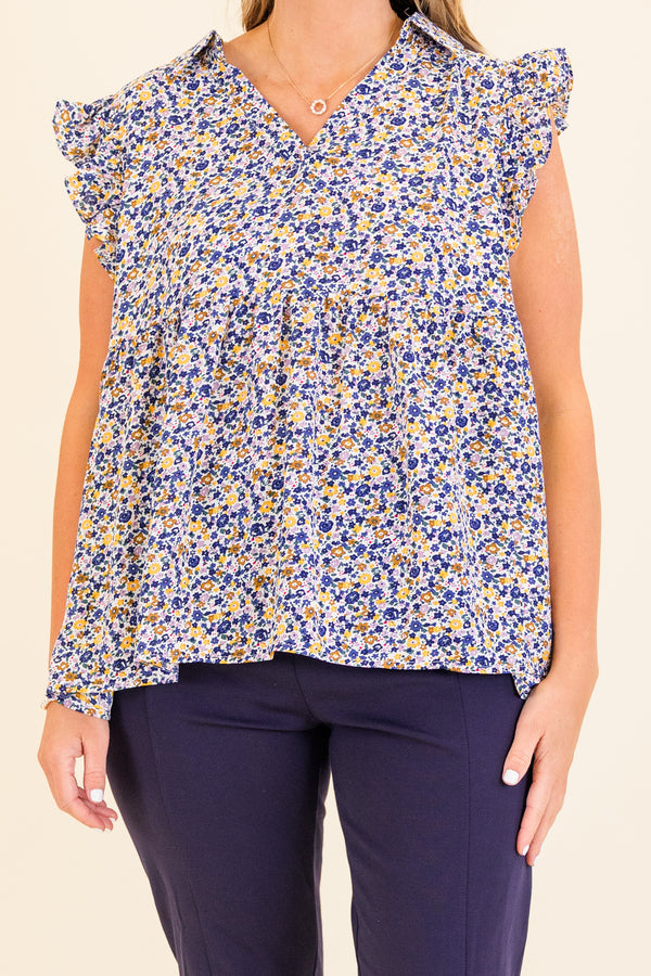 Chic Soul plus size clothing, short-sleeve blue combo top with ruffled sleeves and v-neckline with small blue and yellow floral spotted pattern
