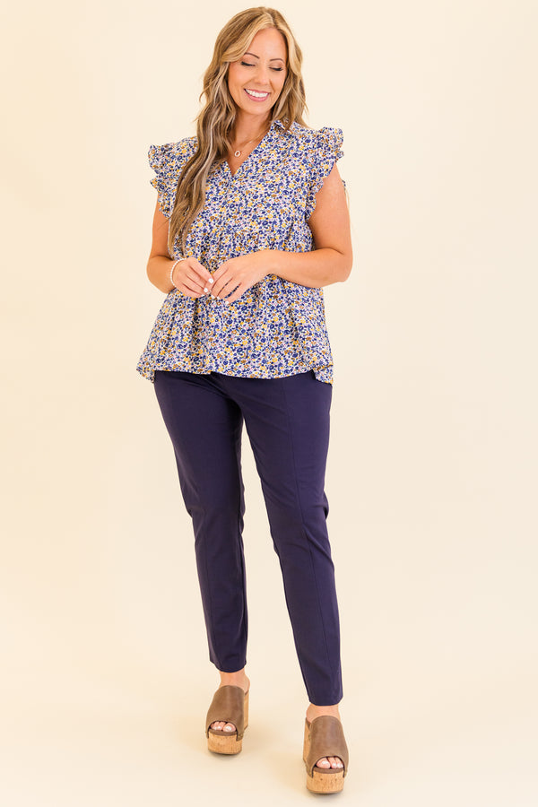Chic Soul plus size clothing, short-sleeve blue combo top with ruffled sleeves and v-neckline with small blue and yellow floral spotted pattern