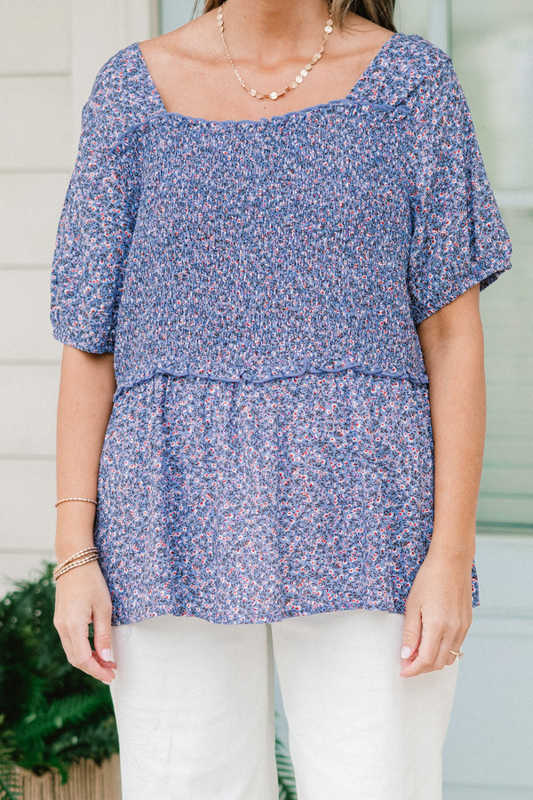 Chic Soul plus size clothing, blue short sleeve top with small floral detailing with square neckline