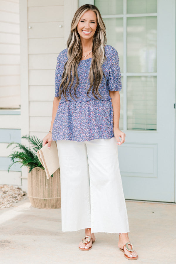 Chic Soul plus size clothing, blue short sleeve top with small floral detailing with square neckline